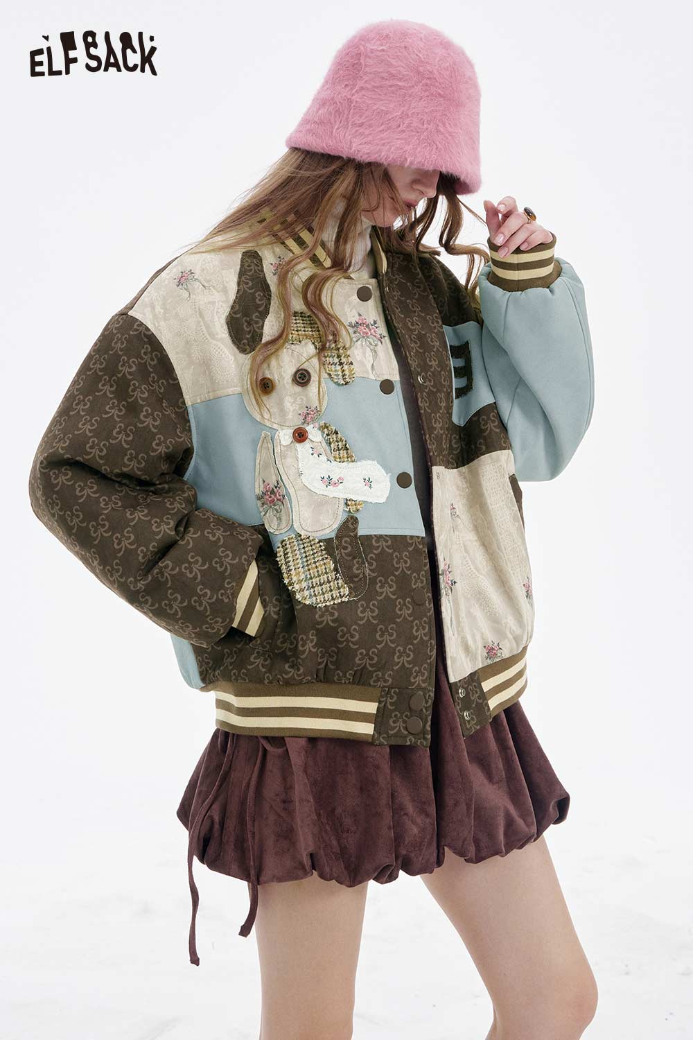 ELFSACK Design Floral Pattern Animal Graphic Patchwork Cotton Coat