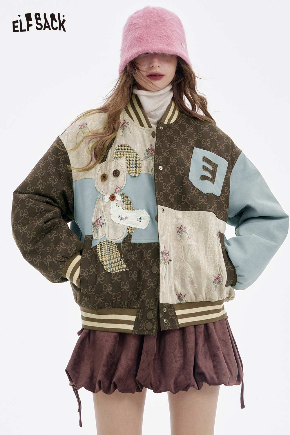 ELFSACK Design Floral Pattern Animal Graphic Patchwork Cotton Coat