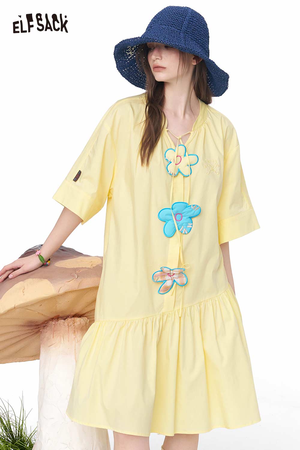 ELFSACK Floral Applique A-Line Mini Dress