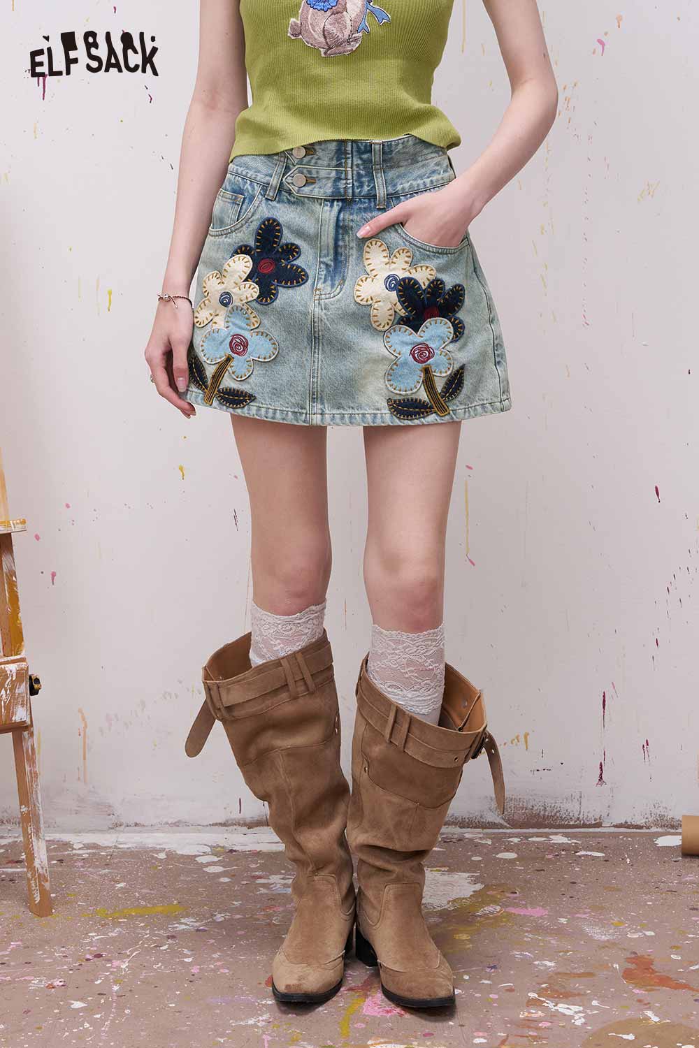 ELFSACK Floral Applique Denim Retro Washed Skirt