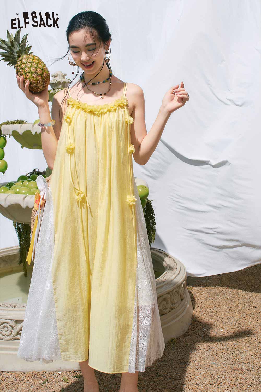 ELFSACK Floral Applique Lace Trim Cami Maxi Dress