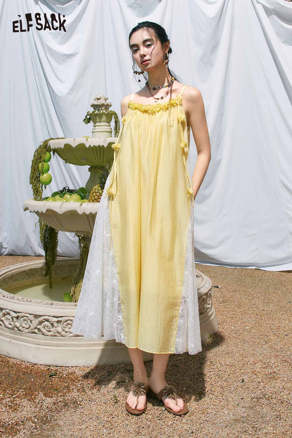 ELFSACK Floral Applique Lace Trim Cami Maxi Dress