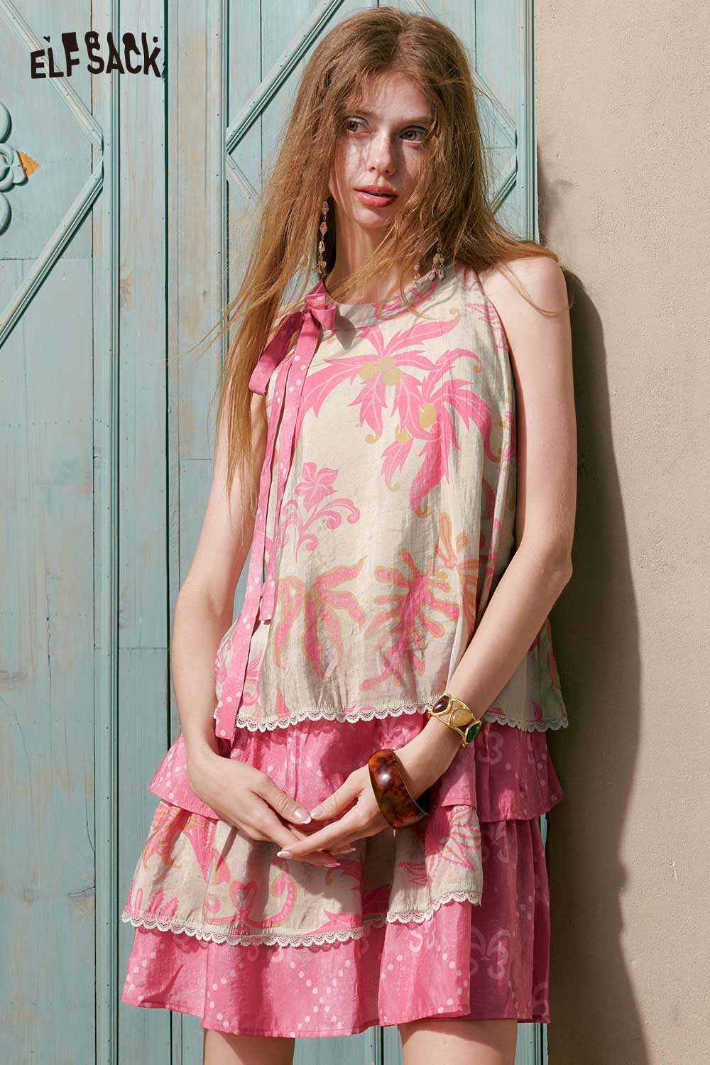 ELFSACK Floral Bow Tiered Ruffle Mini Dress