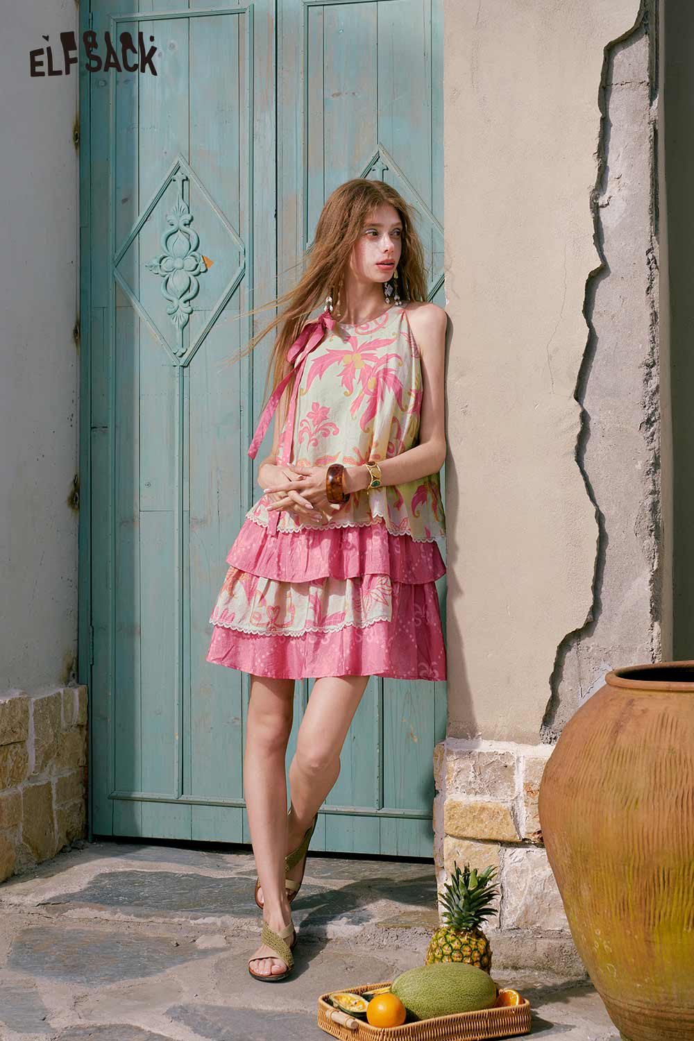 ELFSACK Floral Bow Tiered Ruffle Mini Dress
