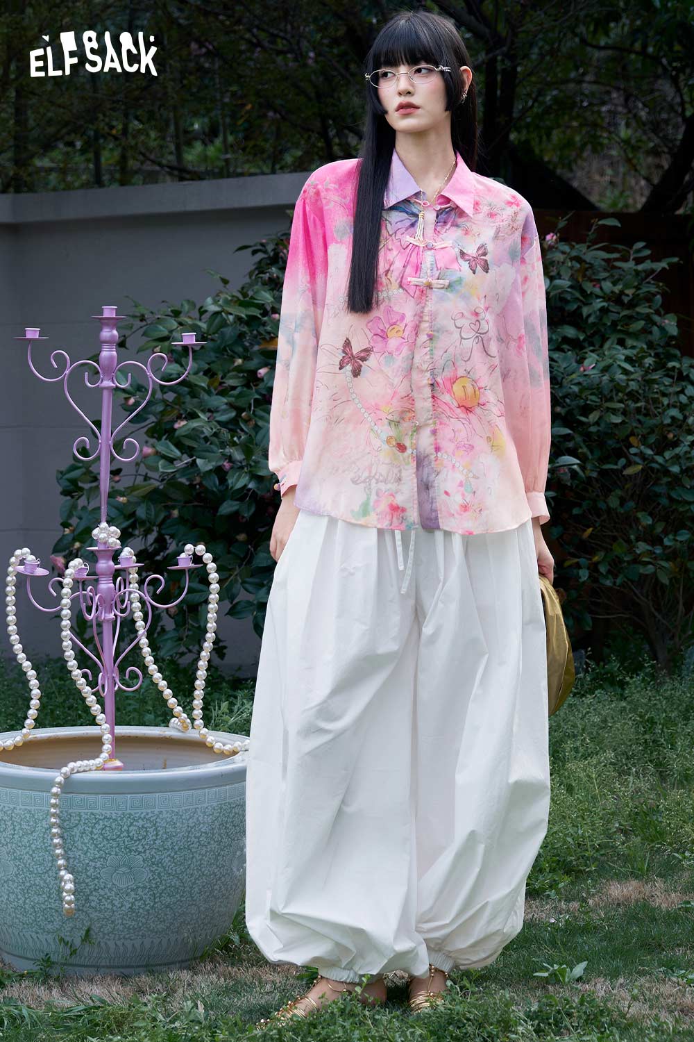 ELFSACK Floral Butterfly Lantern Sleeve Shirt