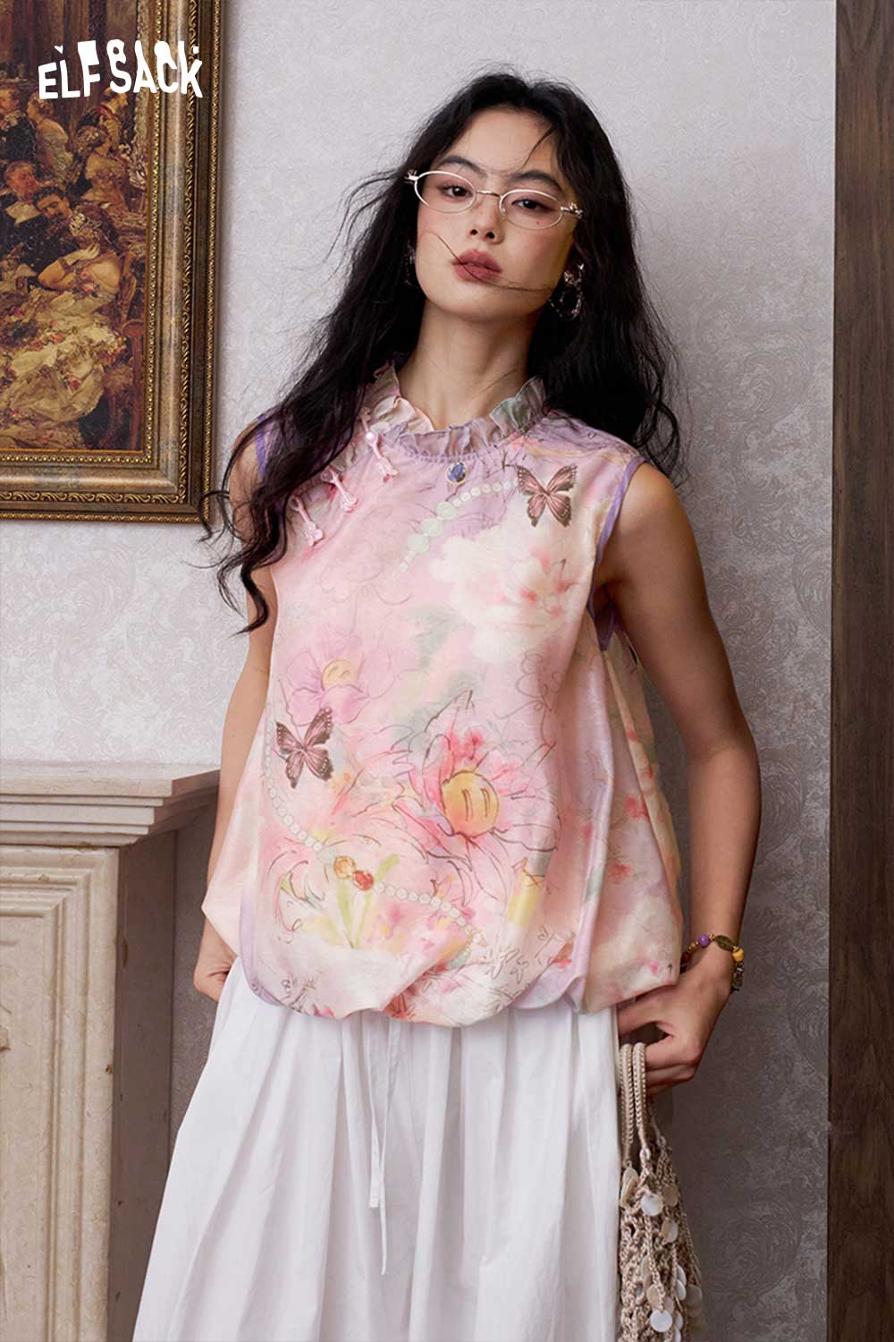 ELFSACK Floral Butterfly Print Frog Button Vest Top