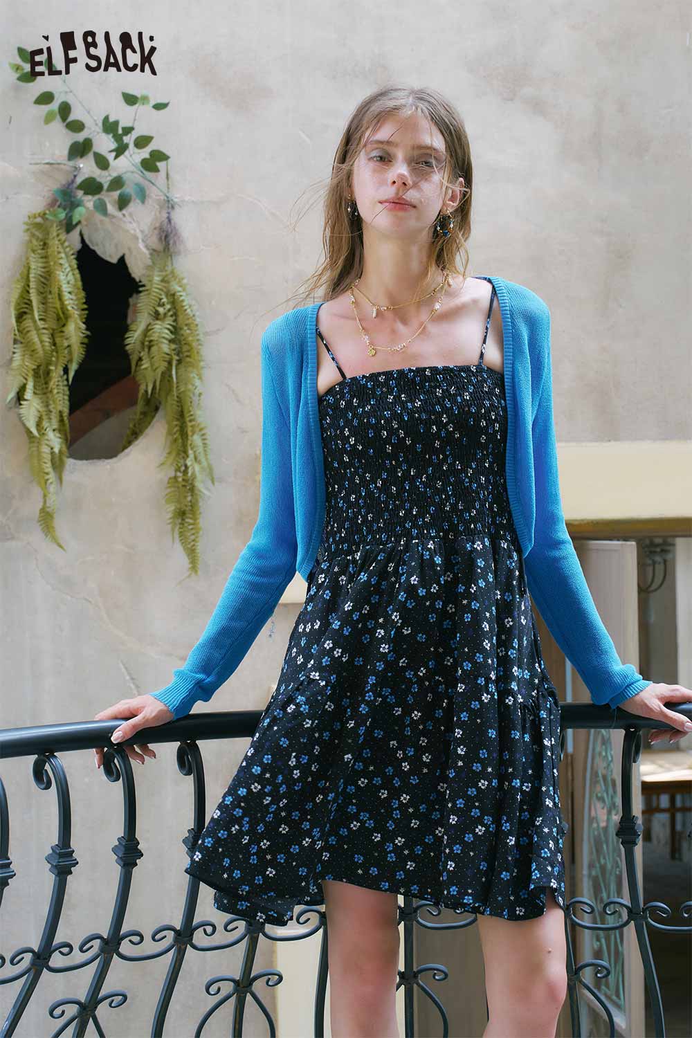 ELFSACK Floral Cami Dress Knit Cardigan Set