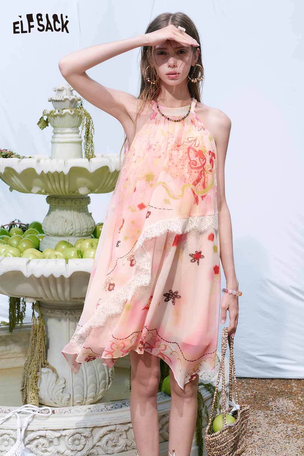 ELFSACK Floral Cat Print Lurex Halter Dress