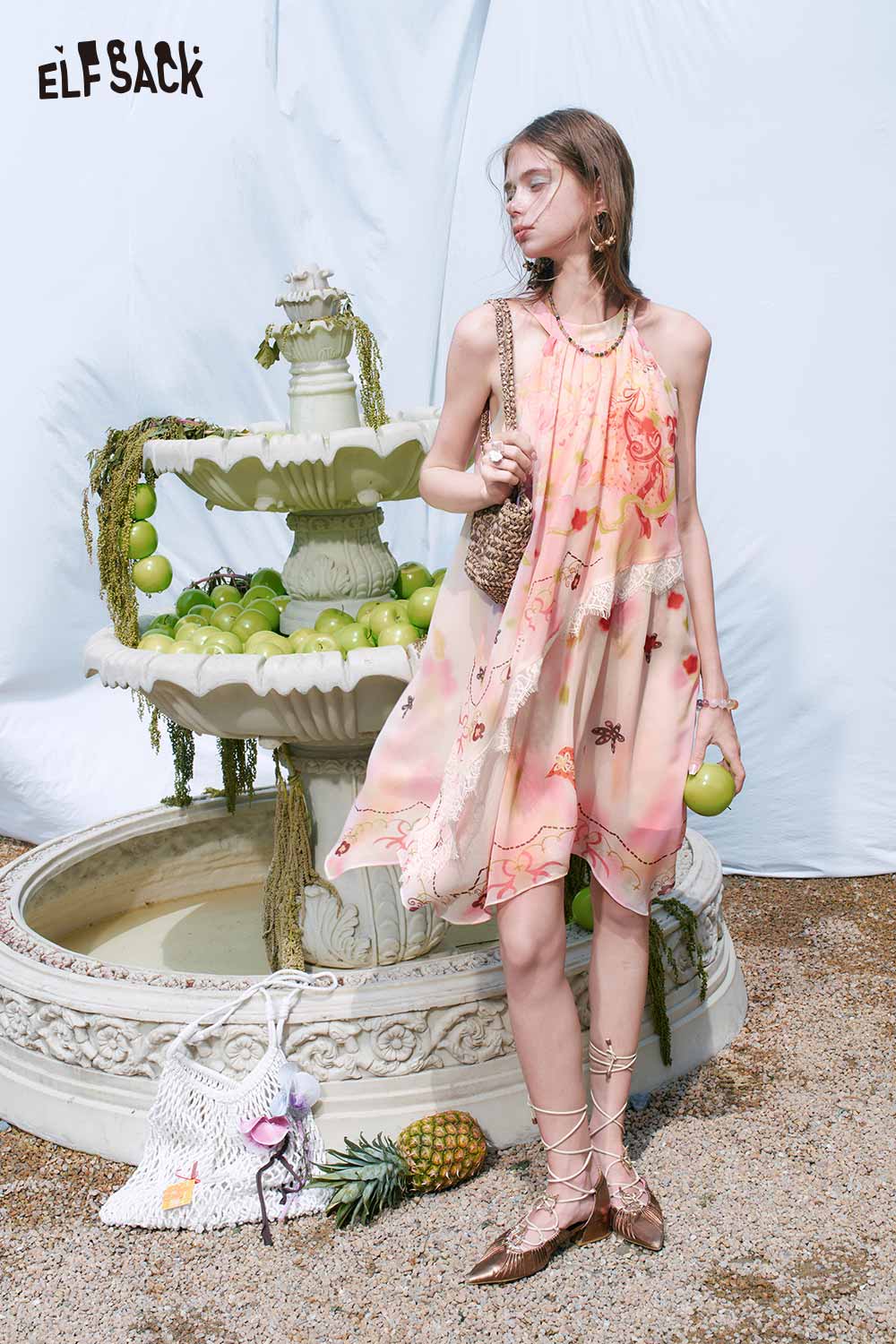 ELFSACK Floral Cat Print Lurex Halter Dress