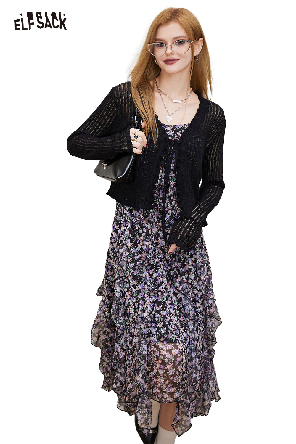 ELFSACK Floral Chiffon Slip Dress Knit Cardigan Set