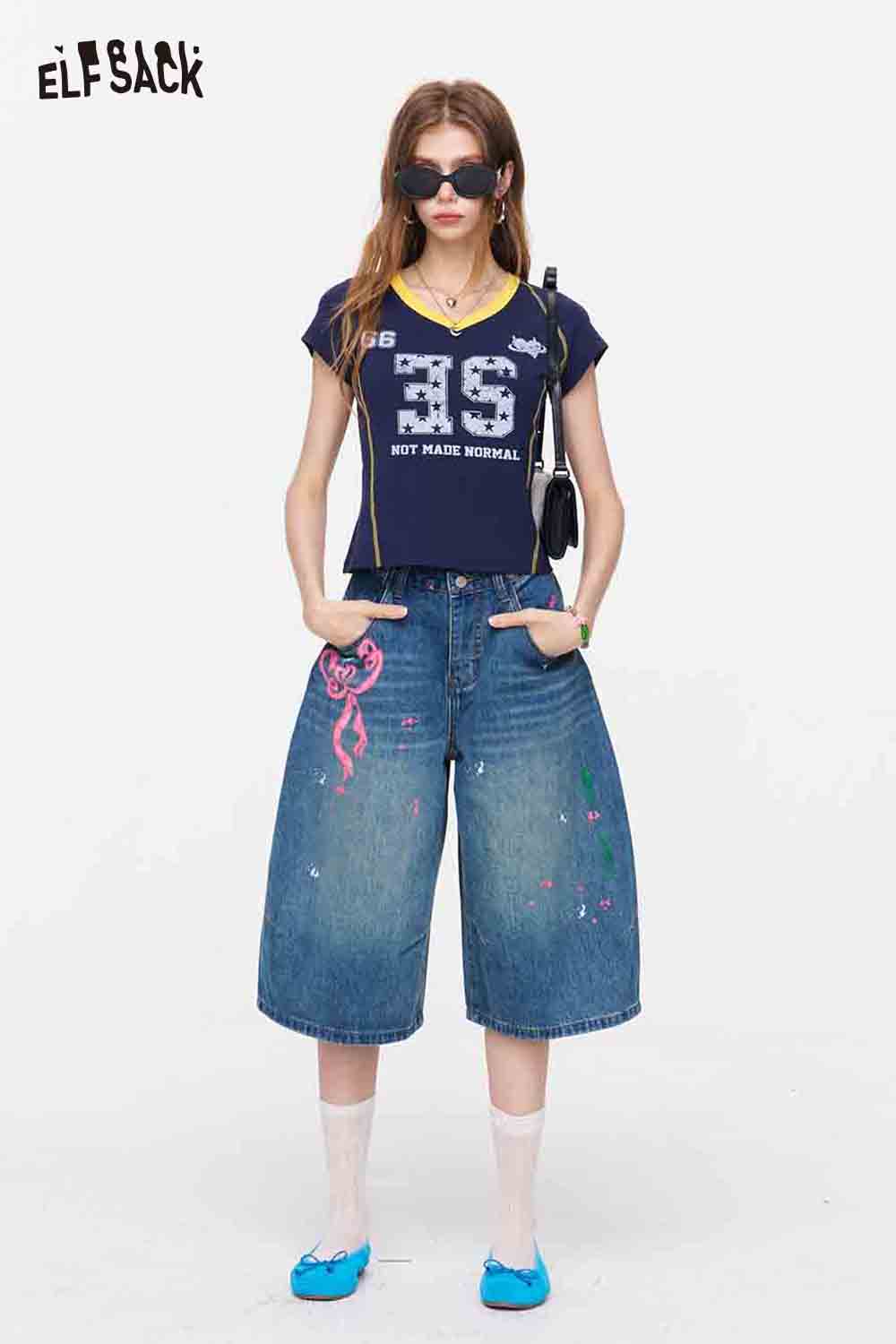ELFSACK Floral Crochet Patches Denim Culottes