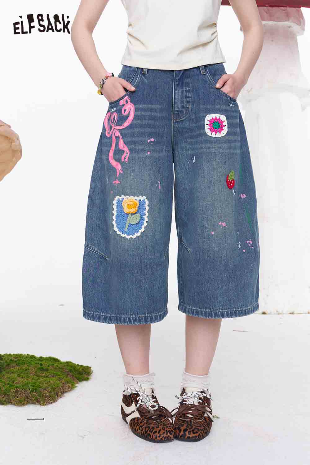 ELFSACK Floral Crochet Patches Denim Culottes