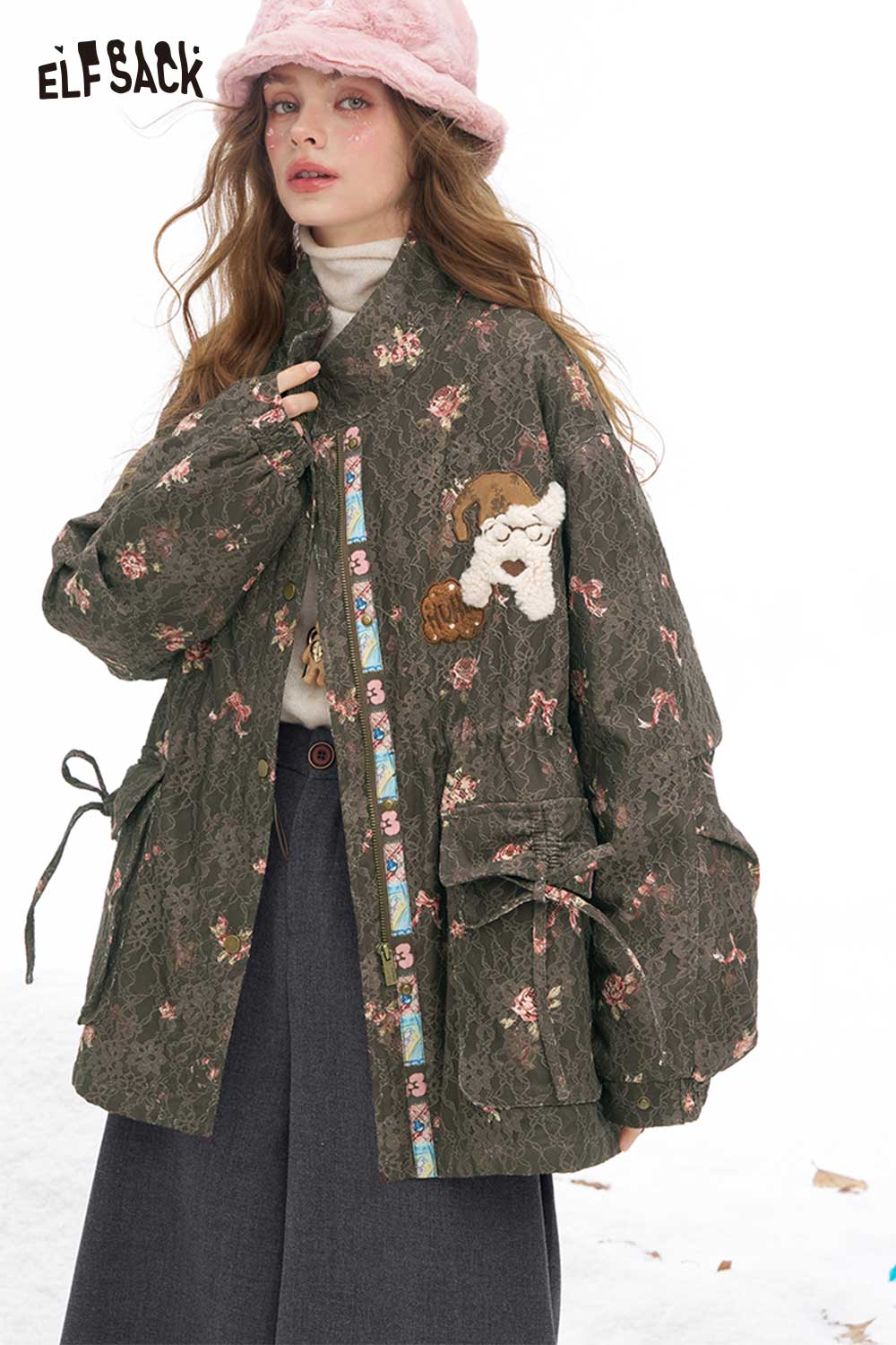 ELFSACK Soft Casual Floral Graphic Dog Graphic Half Neck Coat
