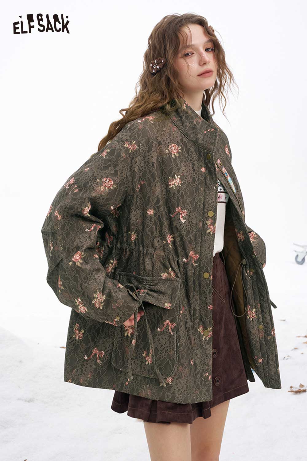 ELFSACK Soft Casual Floral Graphic Dog Graphic Half Neck Coat