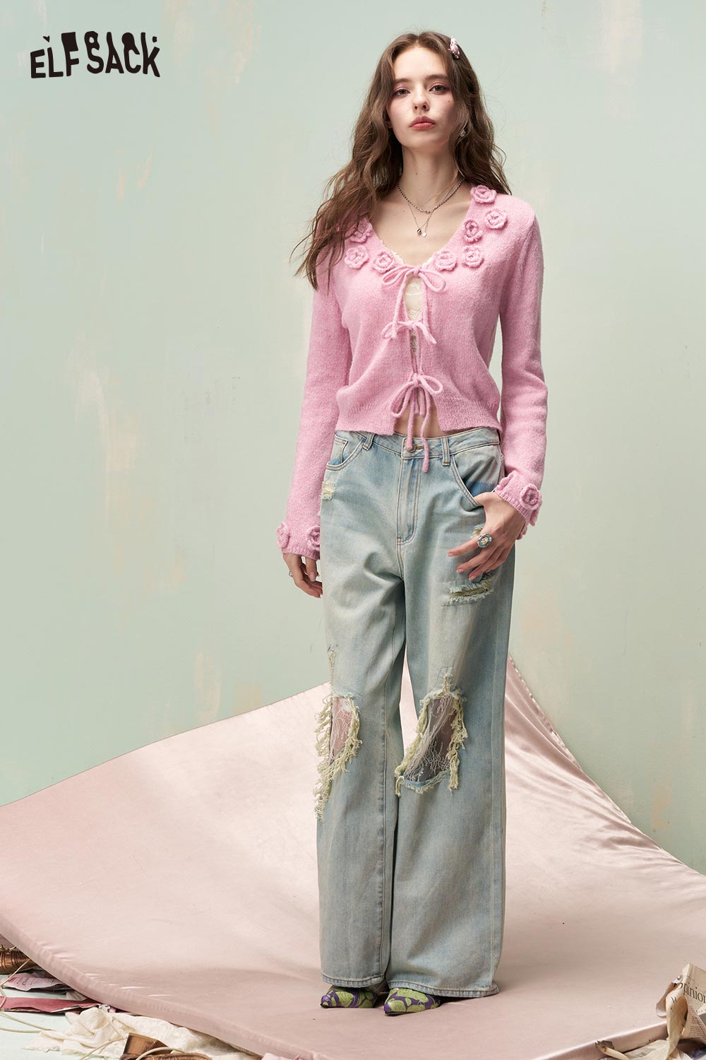 ELFSACK Floral Embroidered Knit Cardigan with Bell Sleeves