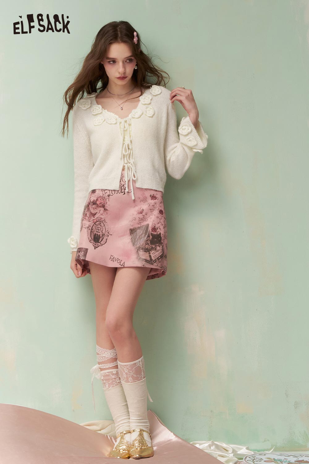 ELFSACK Floral Embroidered Knit Cardigan with Bell Sleeves