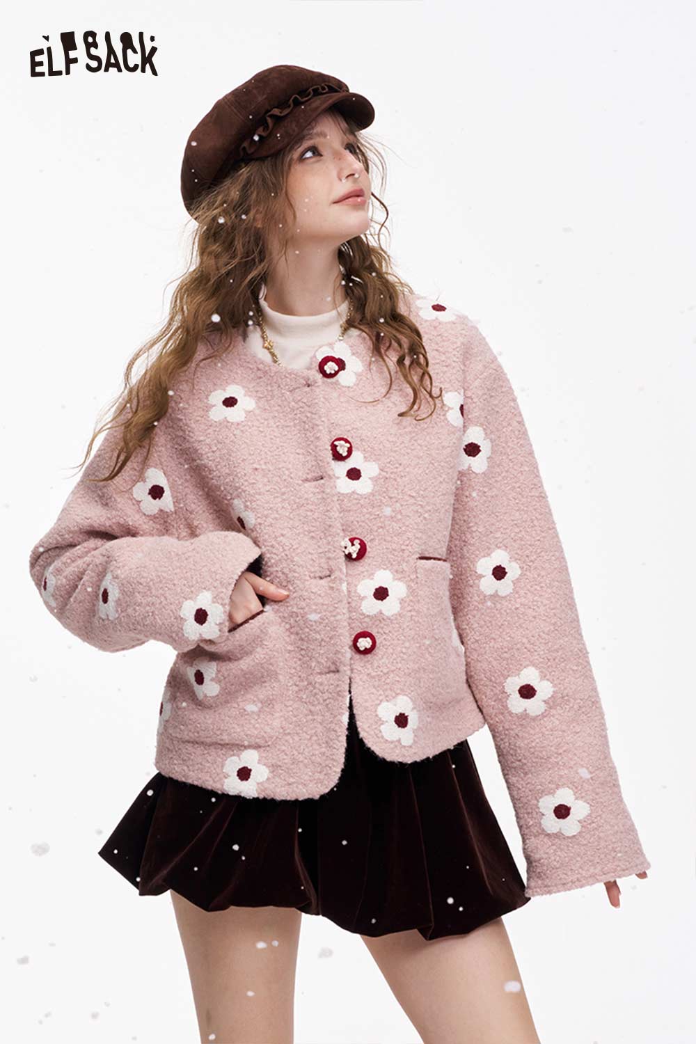 ELFSACK Sweet Girly Floral Graphic Button Cotton Coat
