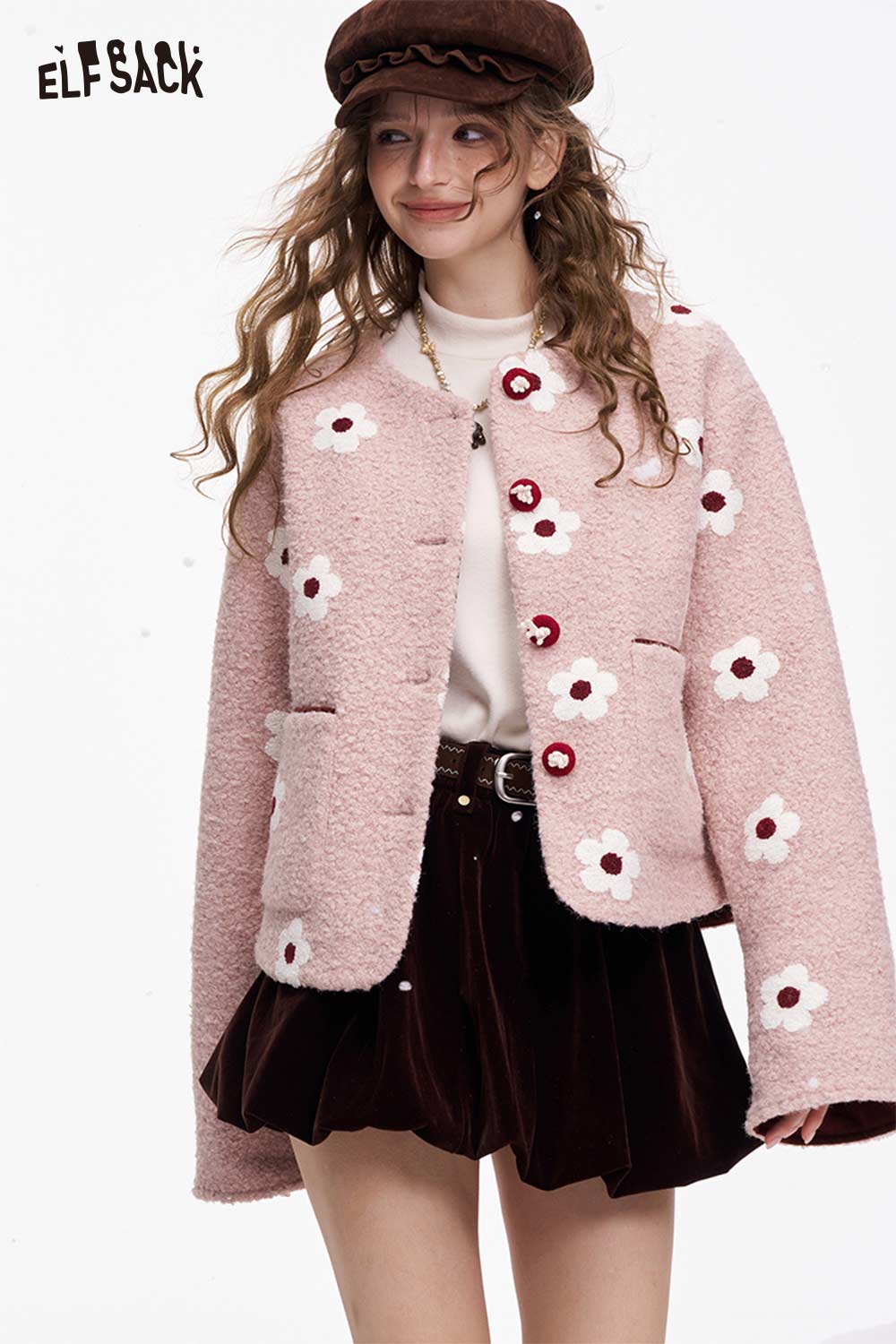 ELFSACK Sweet Girly Floral Graphic Button Cotton Coat