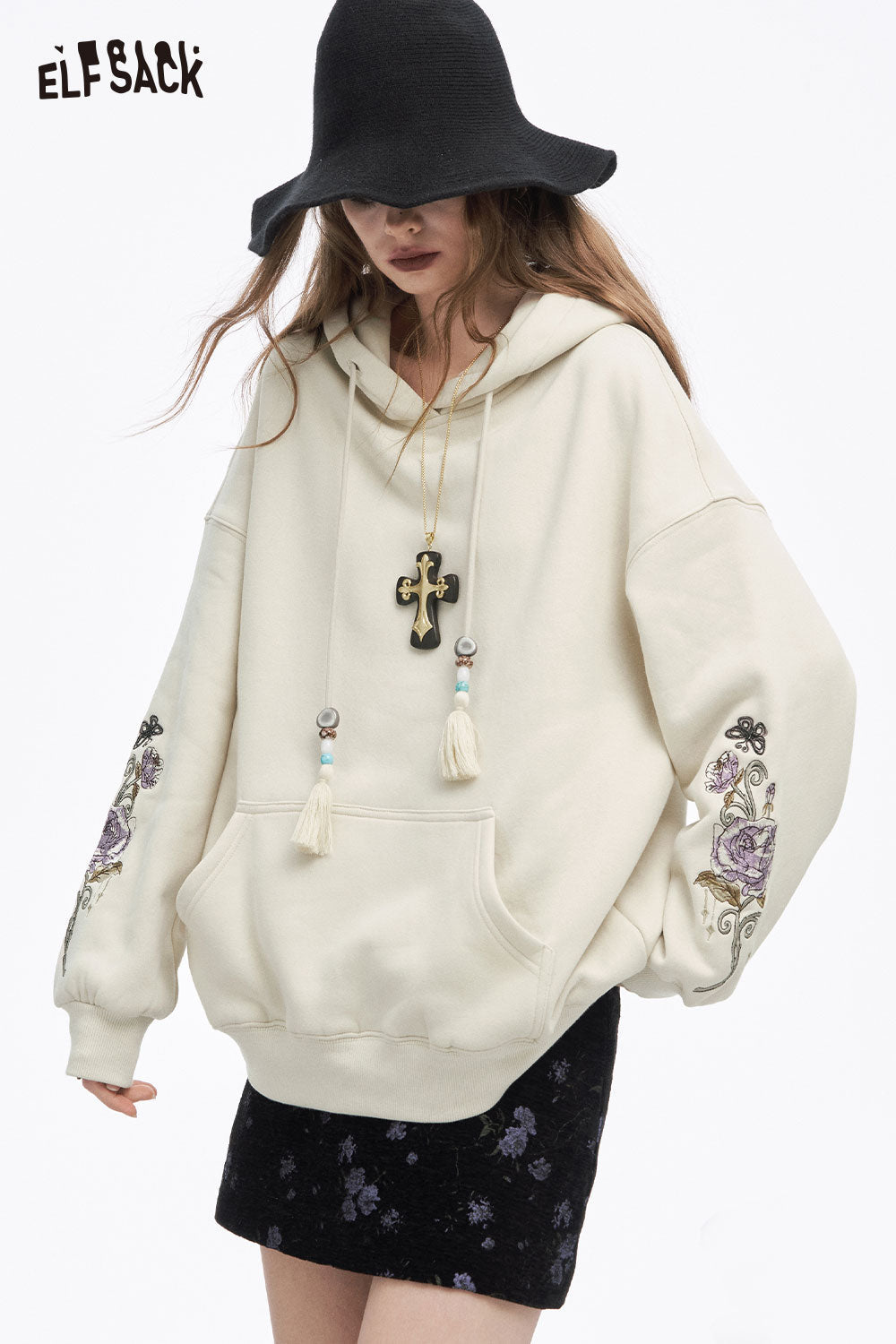 ELFSACK Soft Casual Loose Solid Floral Graphic Tassel Drawstring Hooded Sweatshirt