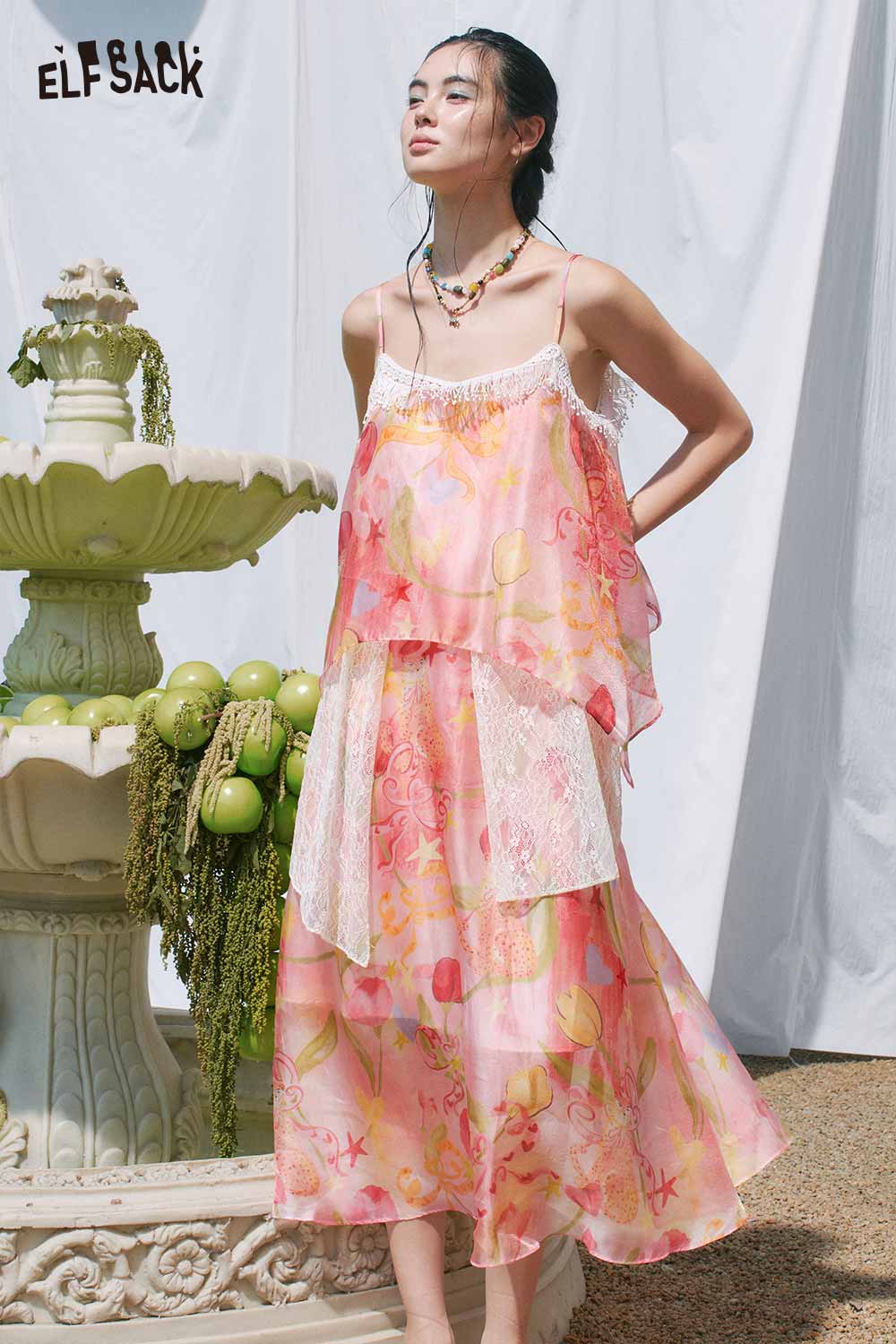 ELFSACK Floral Lace Asymmetric Tiered Dress