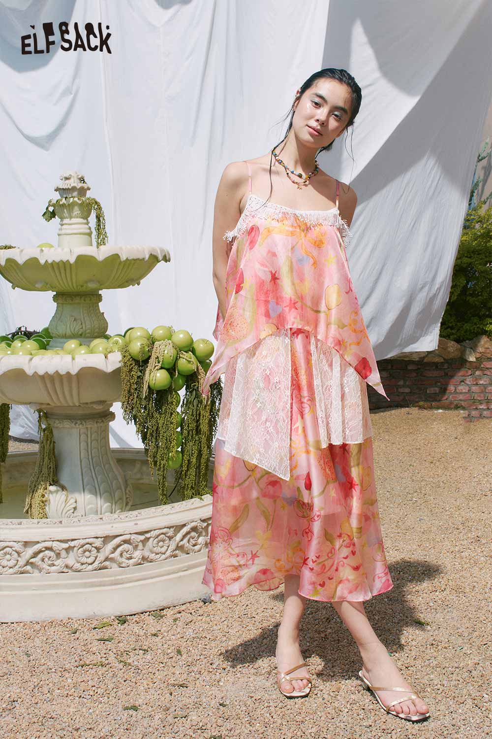 ELFSACK Floral Lace Asymmetric Tiered Dress