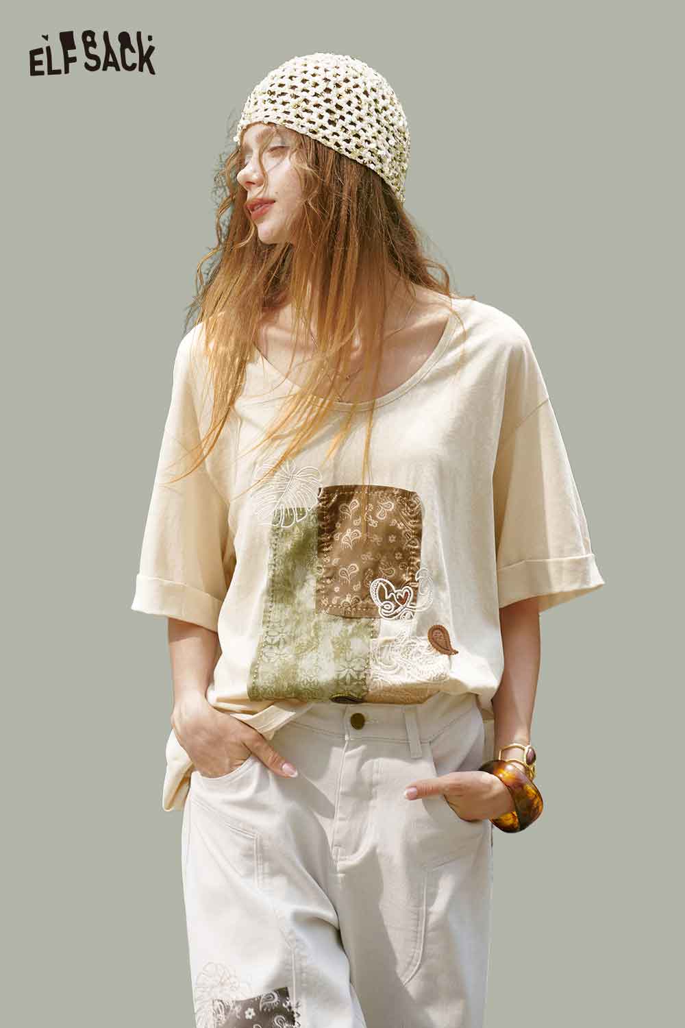 ELFSACK Floral Lace Patchwork Oversized Tee