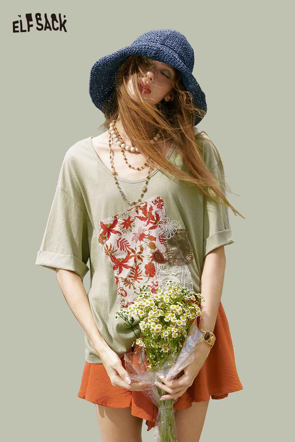 ELFSACK Floral Lace Patchwork Oversized Tee