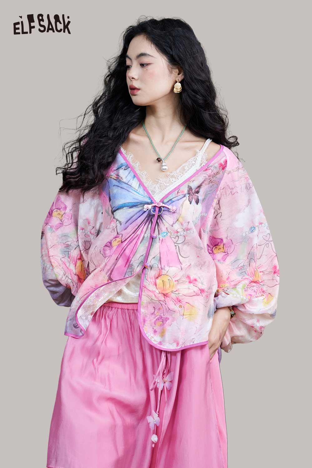 ELFSACK Floral Lantern Sleeve Frog Button Top