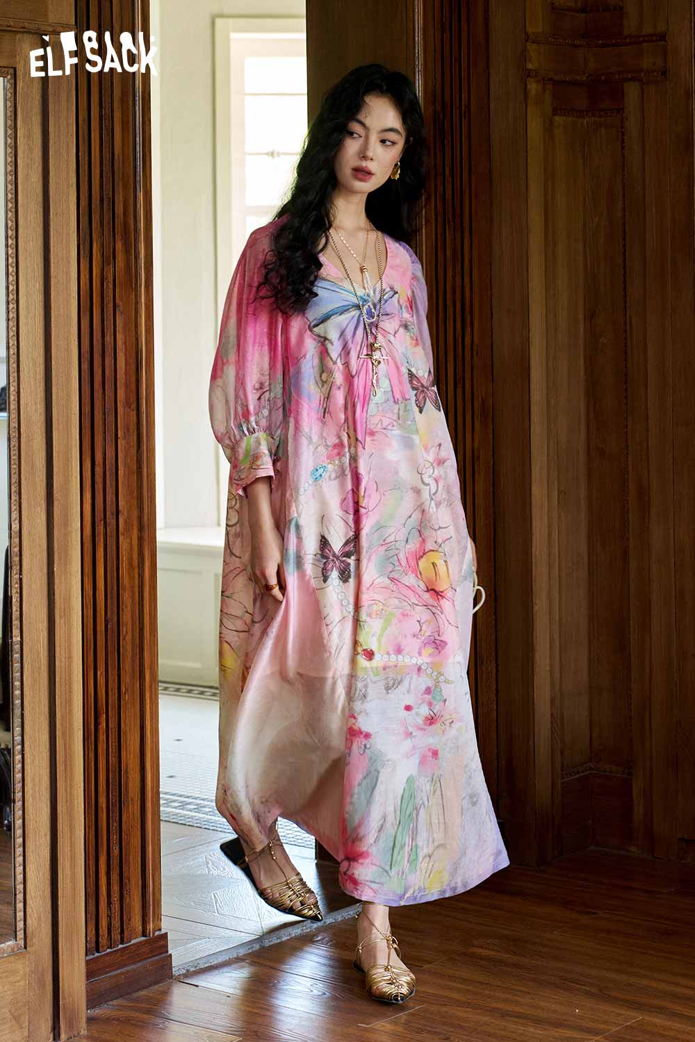 ELFSACK Floral Lantern Sleeve Midi Dress
