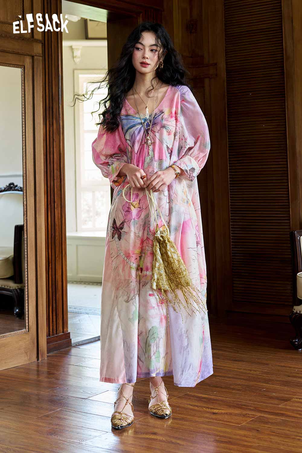 ELFSACK Floral Lantern Sleeve Midi Dress