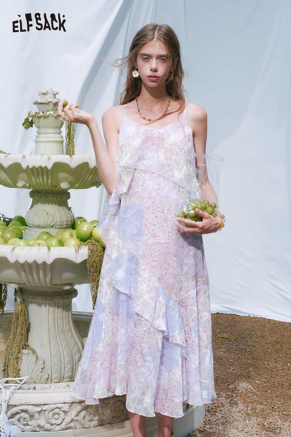 ELFSACK Floral Layered Ruffle Spaghetti Strap Dress