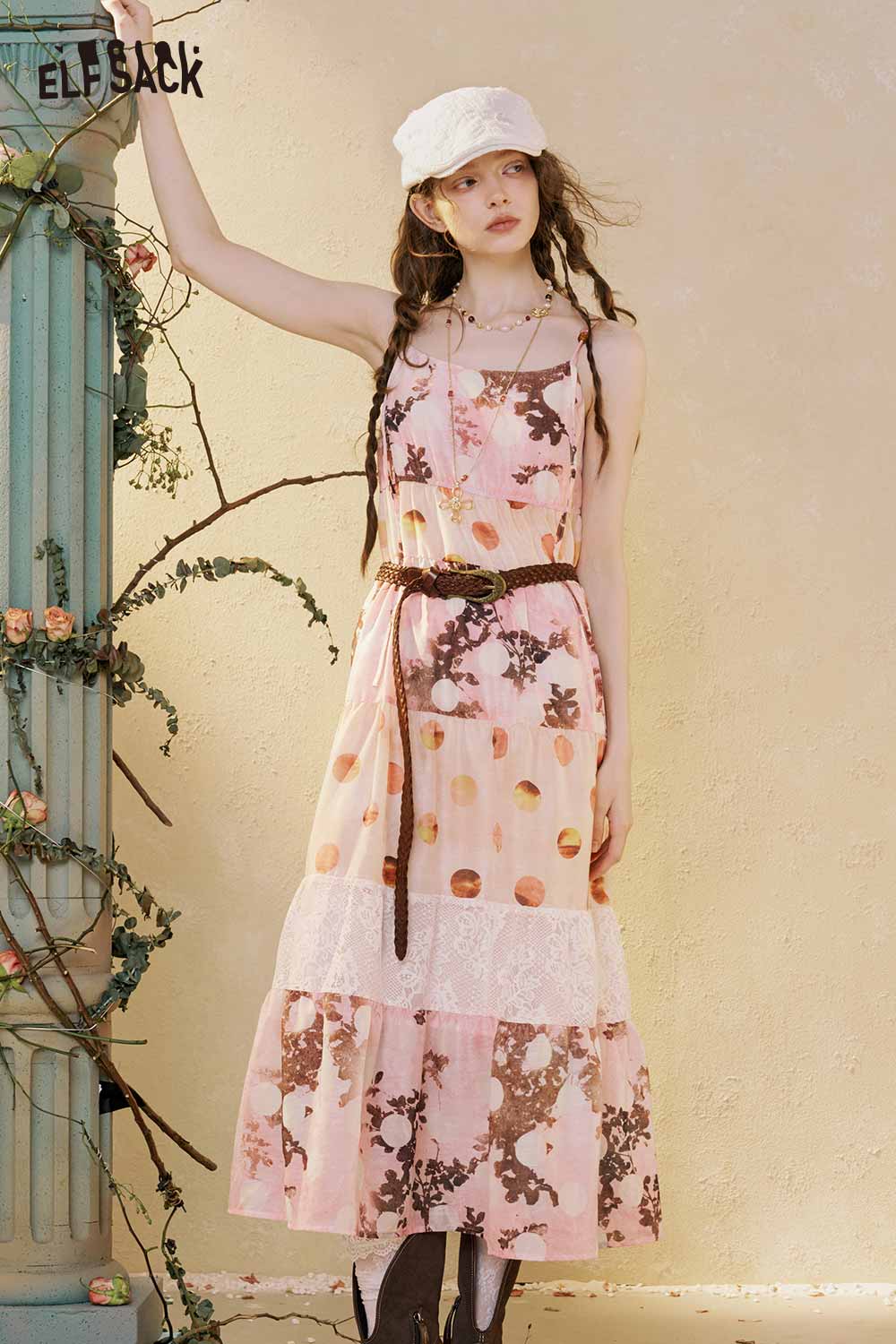 ELFSACK Floral Patchwork Tiered Maxi Slip Dress