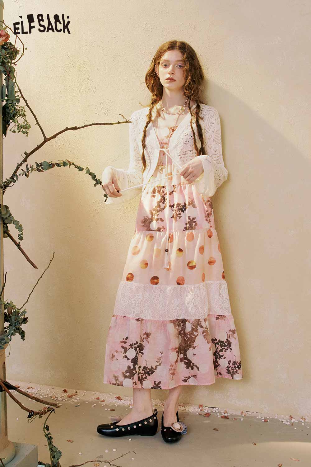 ELFSACK Floral Patchwork Tiered Maxi Slip Dress