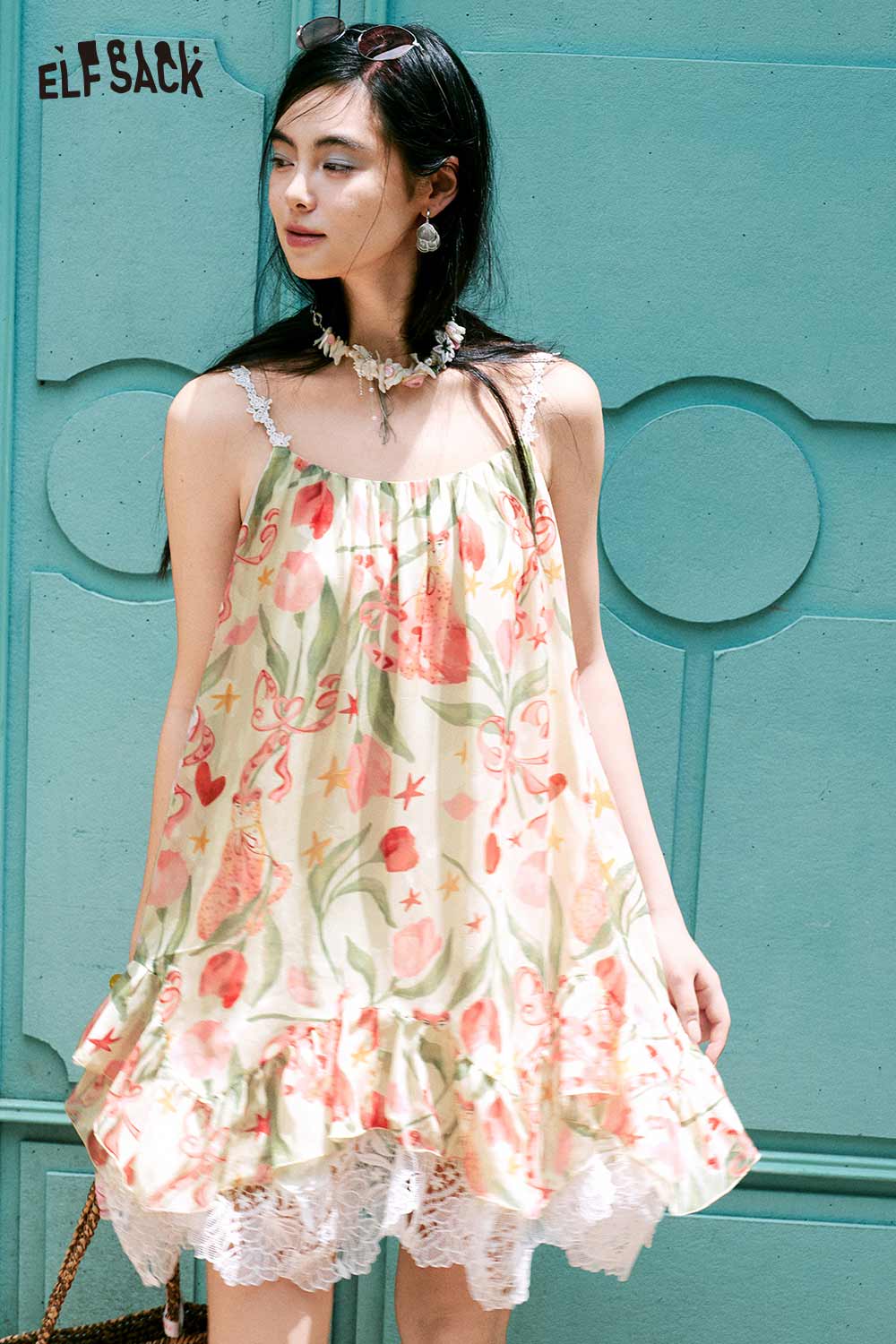 ELFSACK Floral Print Asymmetric Lace Cami Dress