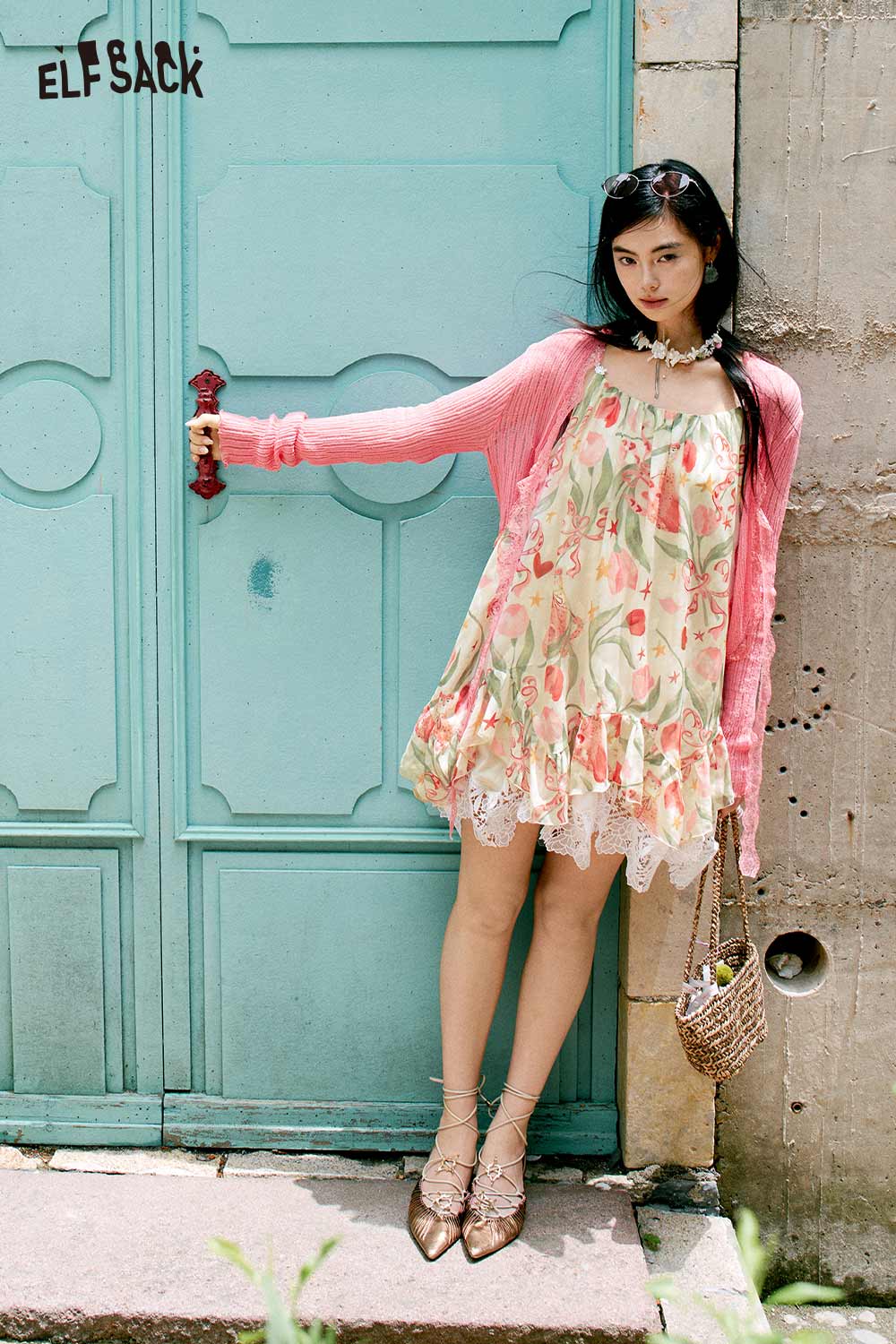 ELFSACK Floral Print Asymmetric Lace Cami Dress