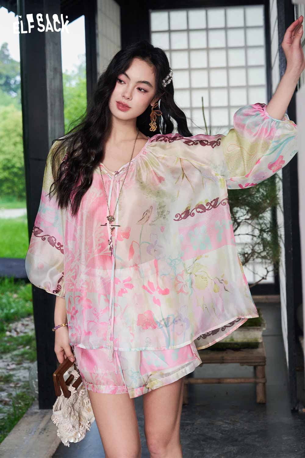 ELFSACK Floral Print Chiffon Two-Piece Set