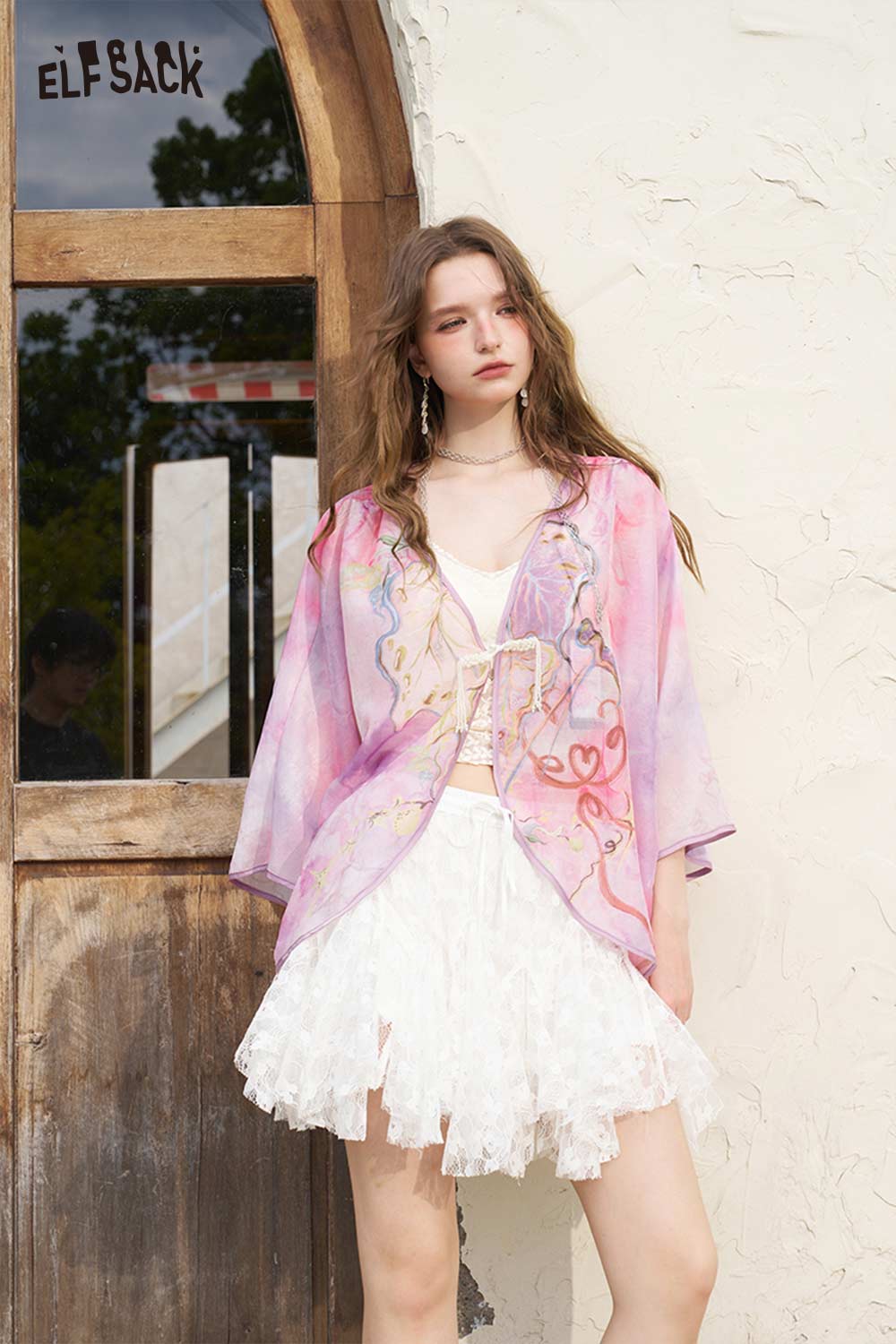 ELFSACK Floral Print Frog Button Chiffon Kimono Jacket