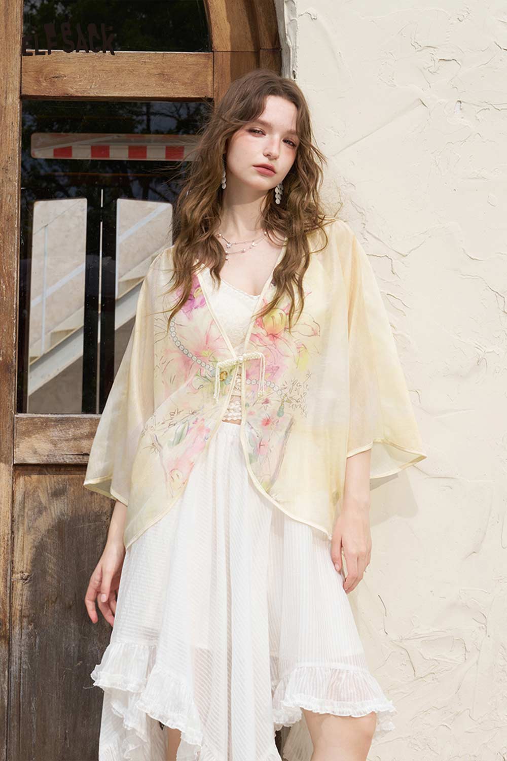 ELFSACK Floral Print Frog Button Chiffon Kimono Jacket