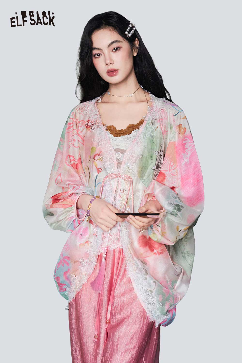 ELFSACK Floral Print Lace Trim Frog Button Blouse