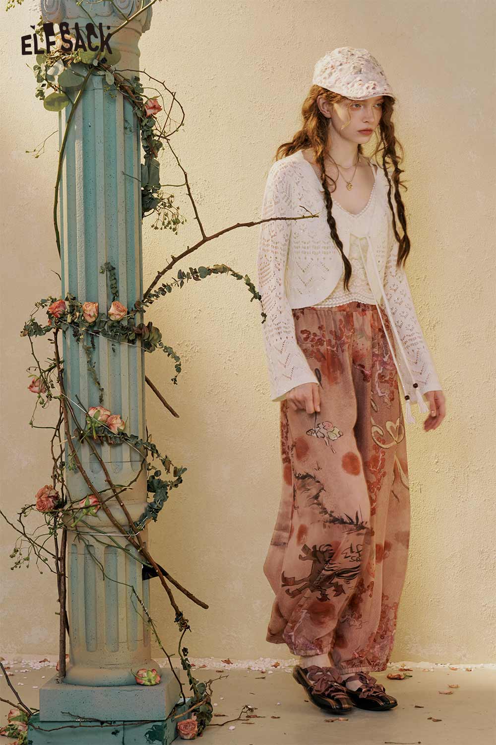 ELFSACK Floral Print Loose Wide Leg Pants