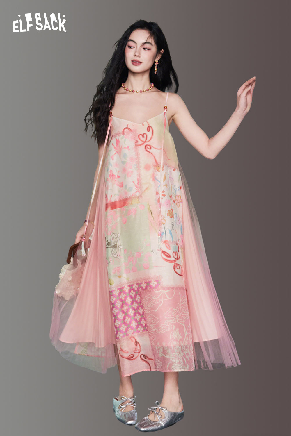 ELFSACK Floral Print Mesh A-Line Slip Dress