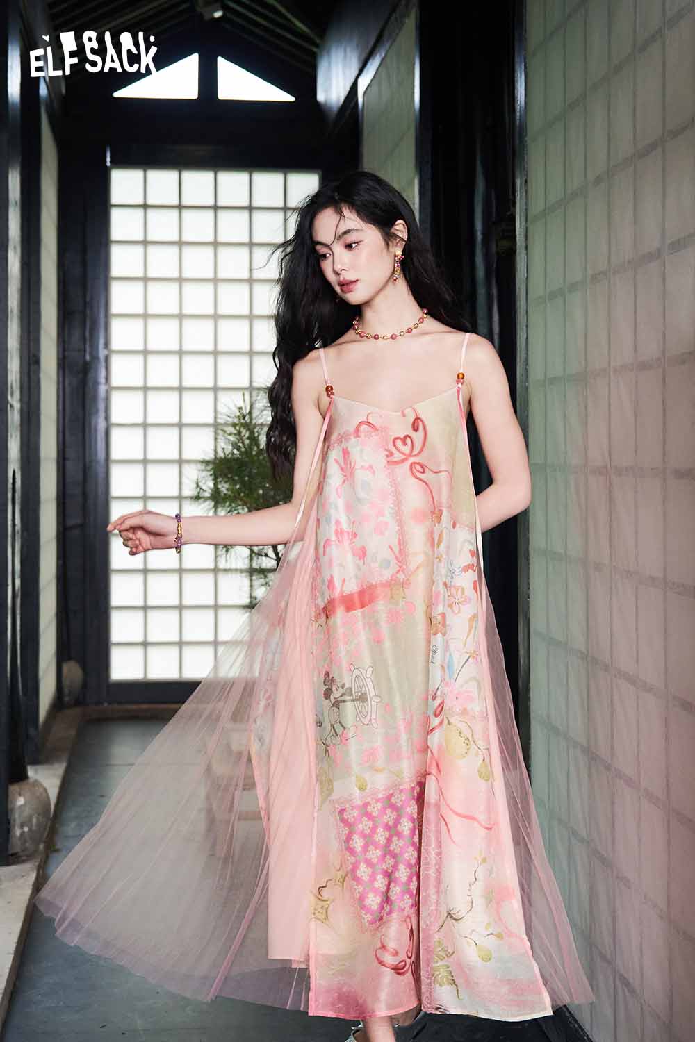 ELFSACK Floral Print Mesh A-Line Slip Dress