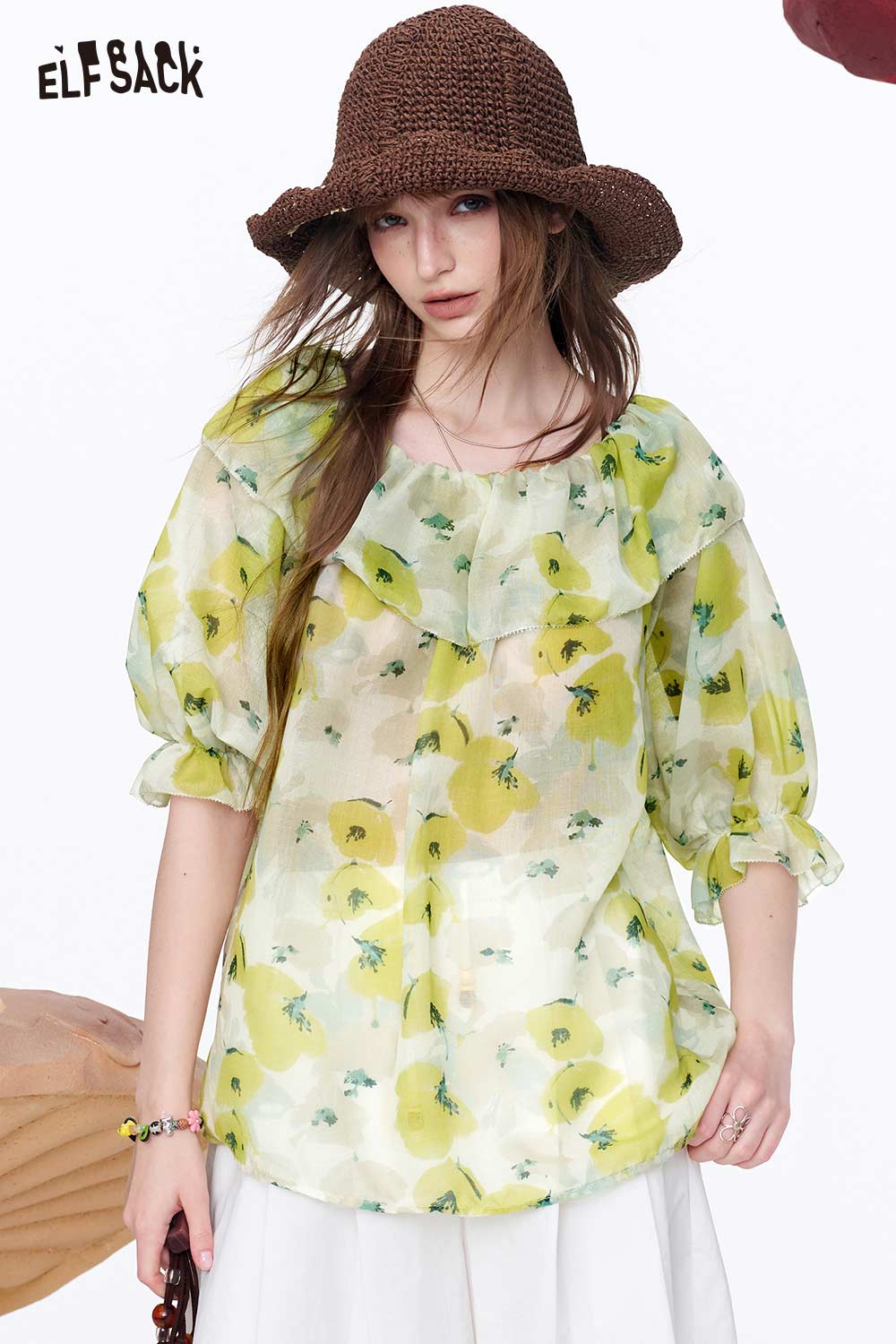 ELFSACK Floral Print Off Shoulder Ruffle Chiffon Blouse
