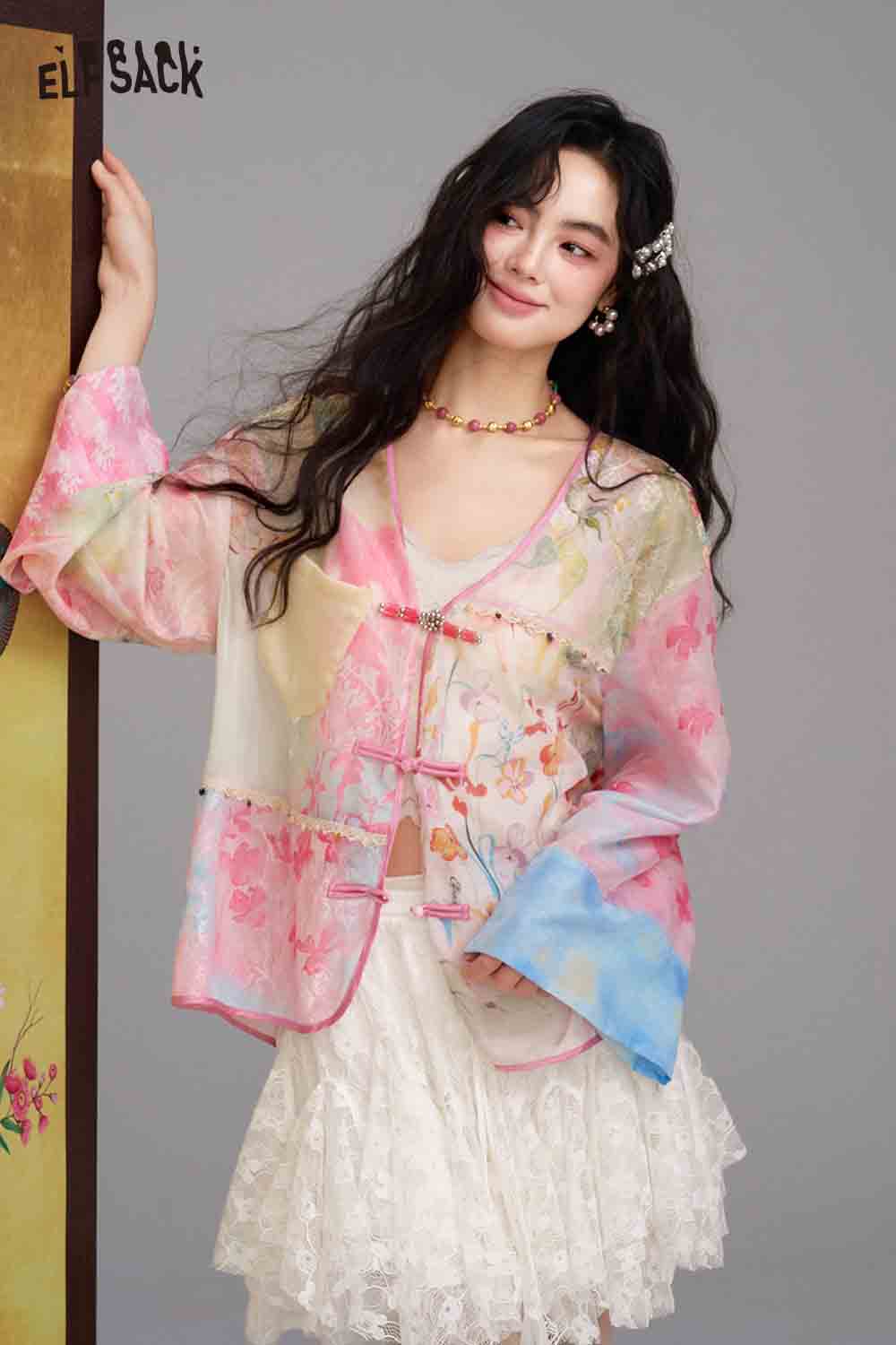 ELFSACK Floral Print Patchwork Open Jacket