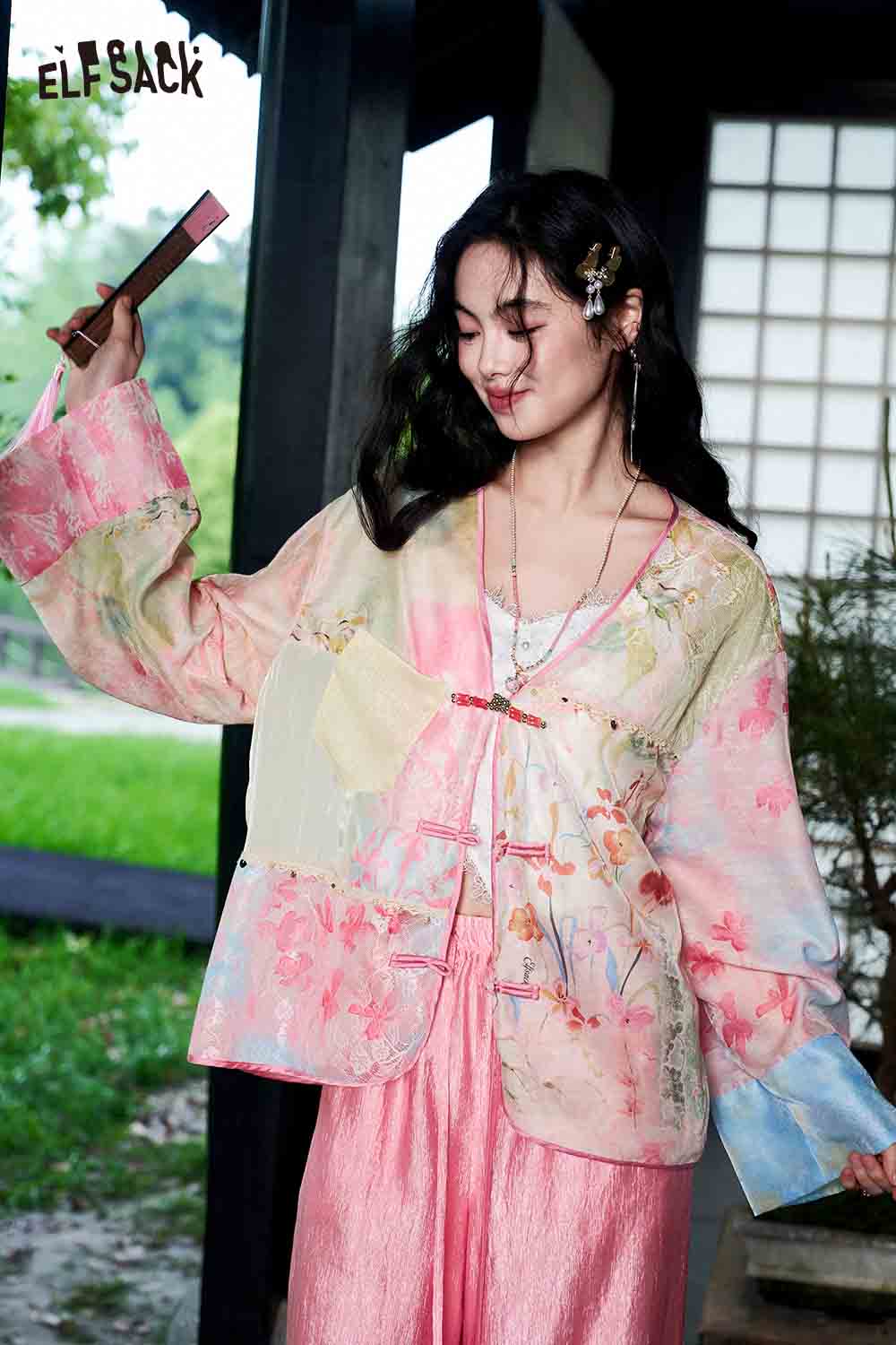 ELFSACK Floral Print Patchwork Open Jacket