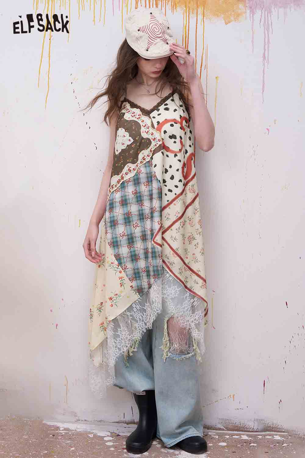 ELFSACK Floral Print Plaid Patchwork Lace Trim Dress