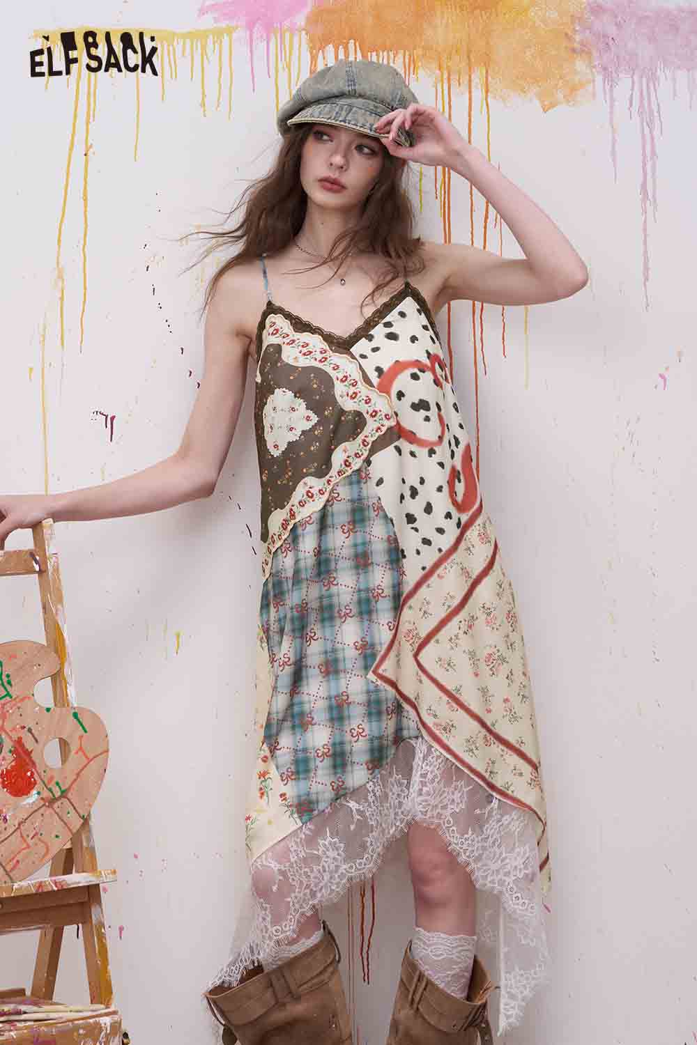 ELFSACK Floral Print Plaid Patchwork Lace Trim Dress