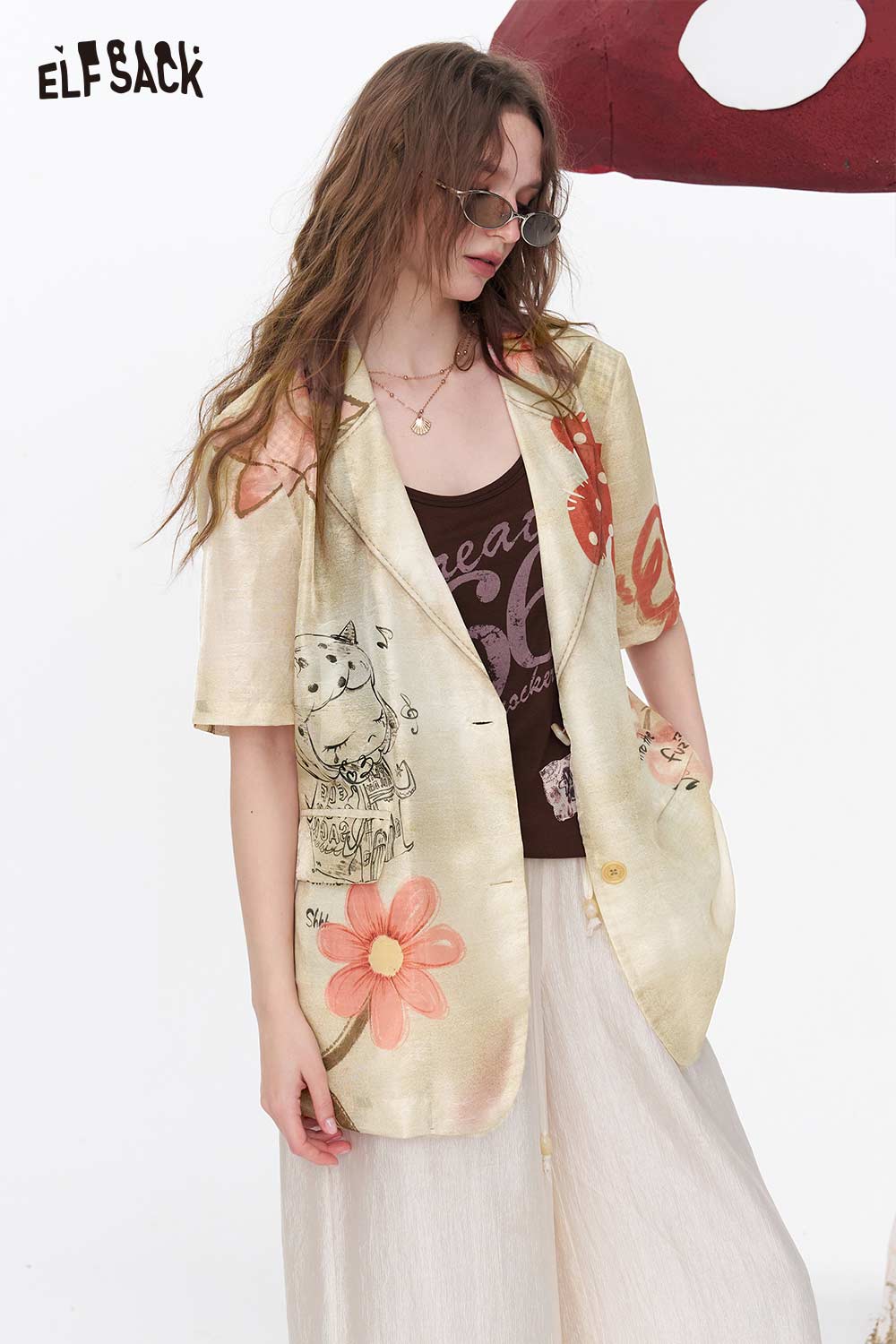 ELFSACK Floral Print Sheer Linen Blouse