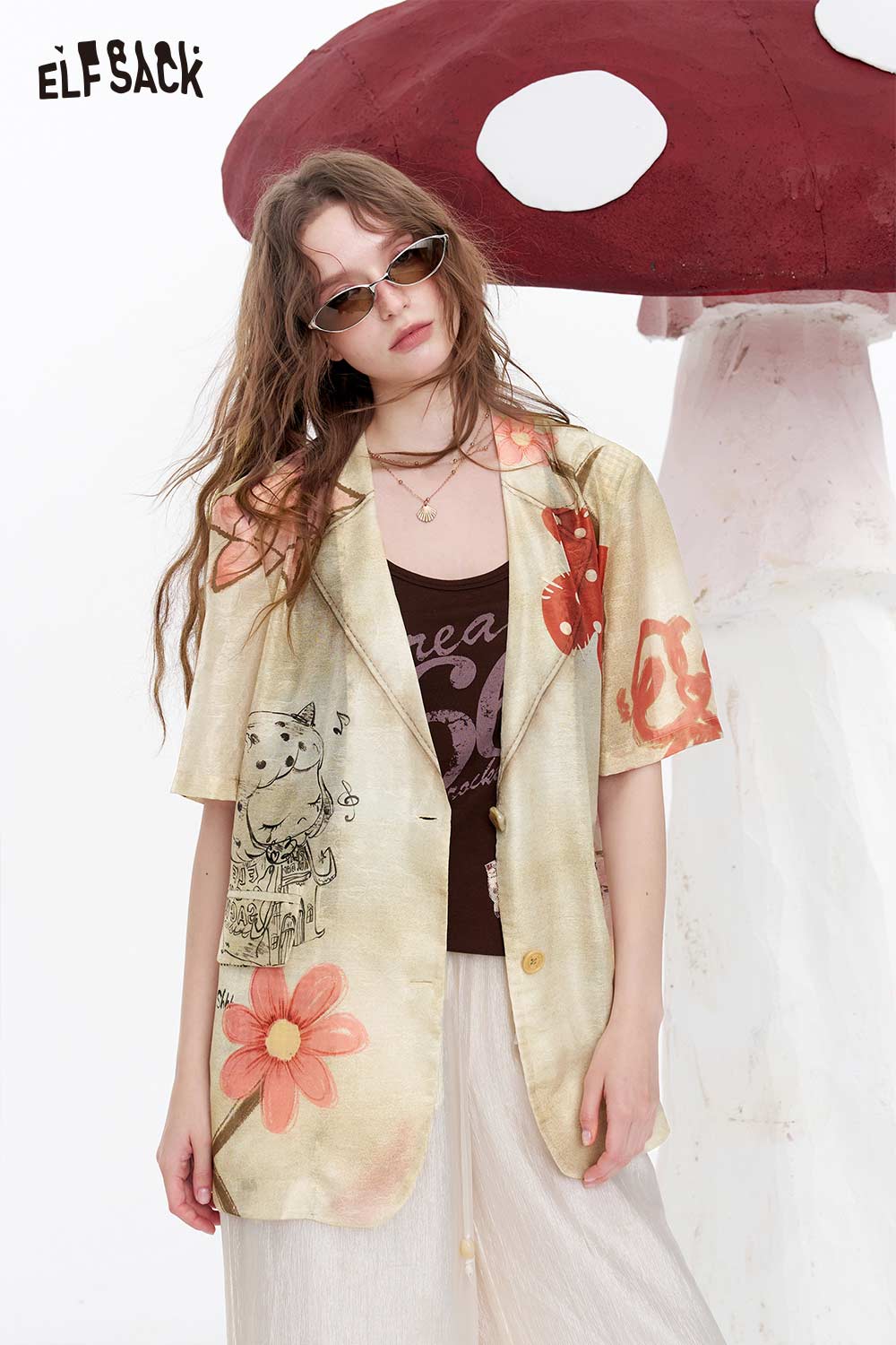 ELFSACK Floral Print Sheer Linen Blouse