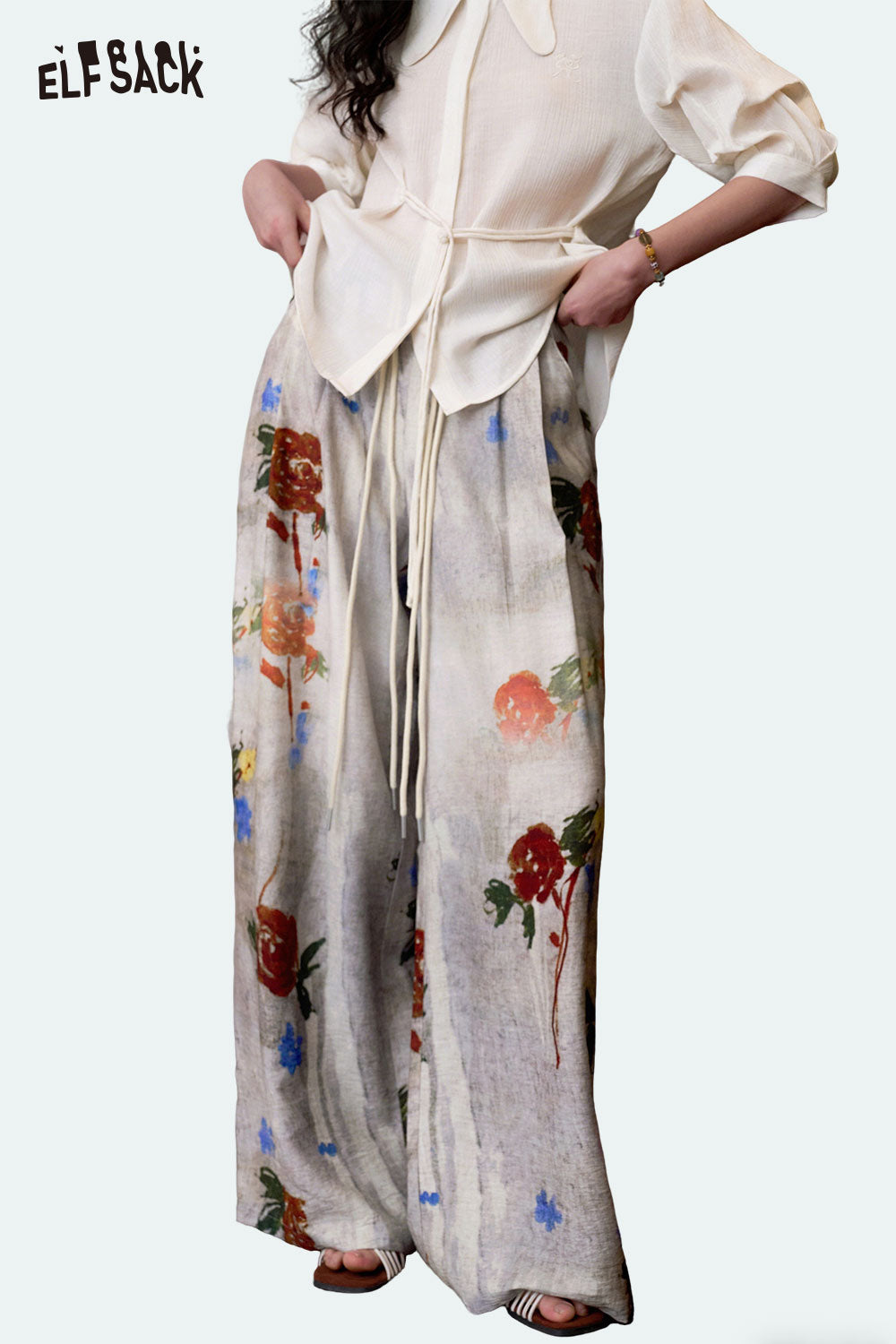 ELFSACK Floral Print Straight Leg Woven Pants